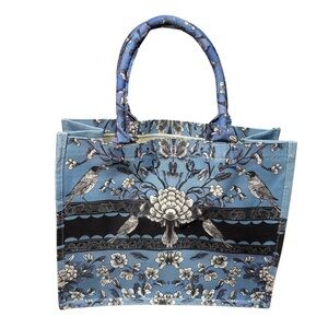 Canvas Blue Bird Print Medium Tote Bag Structured Floral Design